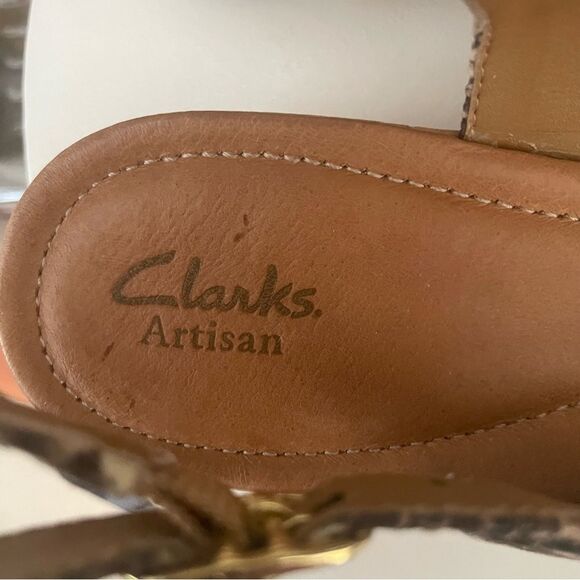 Clarks Artisan Peeptoe Slingback Cork Wedge Snakeskin Sandal Women's Size 9 - Picture 10 of 11